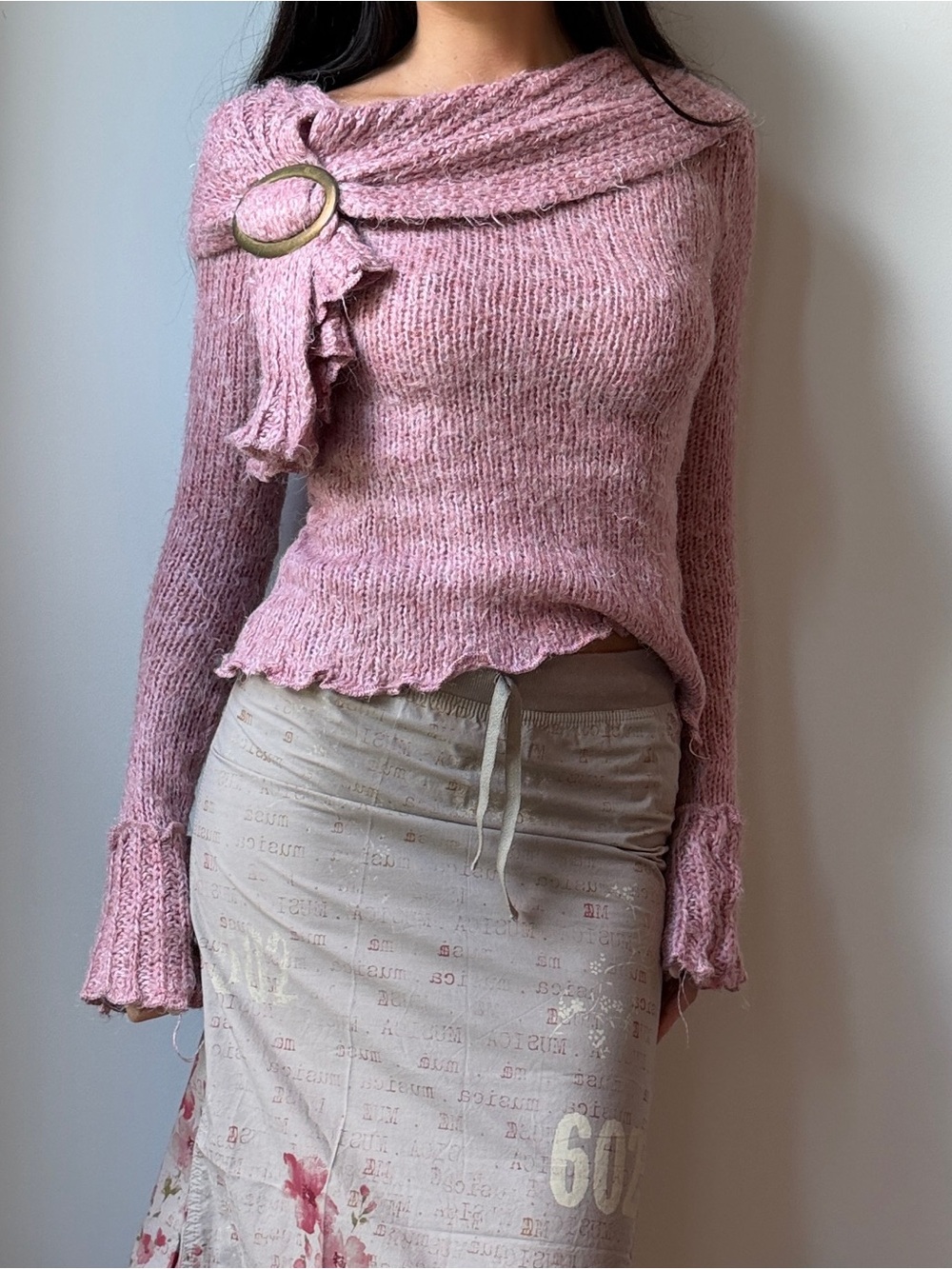 Zone Bleue Y2K Pink Cowl Neck Knit Sweater with Ring Detail